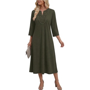 Zeagoo 3/4 Sleeve Dress for Women Midi Dresses V Neck Lace Casual Sundress(Army Green)