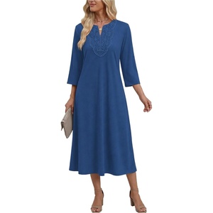 Zeagoo 3/4 Sleeve Dress for Women Midi Dresses V Neck Lace Casual Sundress(Blue)