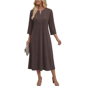 Zeagoo 3/4 Sleeve Dress for Women Midi Dresses V Neck Lace Casual Sundress(Brown)