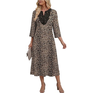Zeagoo 3/4 Sleeve Dress for Women Midi Dresses V Neck Lace Casual Sundress(Leopard)