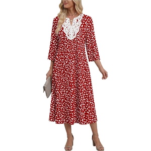 Zeagoo 3/4 Sleeve Dress for Women Midi Dresses V Neck Lace Casual Sundress(Red Dot)