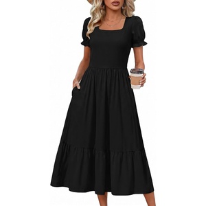 Zeagoo Summer Dresses for Women Flowy Casual Midi Dress Short Sleeve Tiered Dress Beach Vacation Sundresses with Pockets(Black)