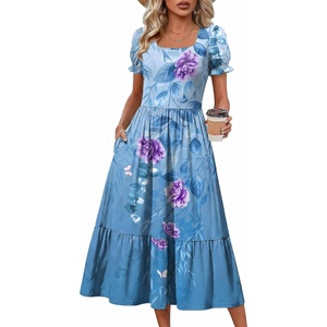 Zeagoo Summer Dresses for Women Flowy Casual Midi Dress Short Sleeve Tiered Dress Beach Vacation Sundresses with Pockets(Floral-2)