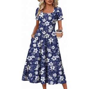 Zeagoo Summer Dresses for Women Flowy Casual Midi Dress Short Sleeve Tiered Dress Beach Vacation Sundresses with Pockets(Floral-printed)