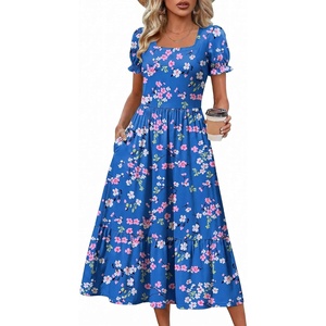 Zeagoo Summer Dresses for Women Flowy Casual Midi Dress Short Sleeve Tiered Dress Beach Vacation Sundresses with Pockets(Floral-printed-2)
