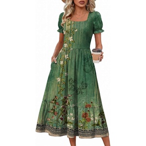Zeagoo Summer Dresses for Women Flowy Casual Midi Dress Short Sleeve Tiered Dress Beach Vacation Sundresses with Pockets(Green-printed)