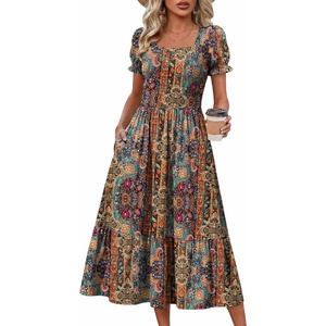 Zeagoo Summer Dresses for Women Flowy Casual Midi Dress Short Sleeve Tiered Dress Beach Vacation Sundresses with Pockets(Mz721)