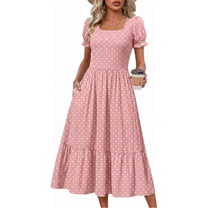 Zeagoo Summer Dresses for Women Flowy Casual Midi Dress Short Sleeve Tiered Dress Beach Vacation Sundresses with Pockets(Pink Dot)