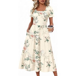 Zeagoo Summer Dresses for Women Flowy Casual Midi Dress Short Sleeve Tiered Dress Beach Vacation Sundresses with Pockets(White-leaf)