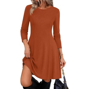 Zeagoo Sweater Dress for Women Fall 2026 Long Sleeve Crew Neck Ribbed Knit Fit and Flare A-Line Dresses(Caramel)