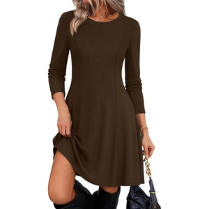 Zeagoo Sweater Dress for Women Fall 2026 Long Sleeve Crew Neck Ribbed Knit Fit and Flare A-Line Dresses(Chestnut Brown)