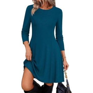 Zeagoo Sweater Dress for Women Fall 2026 Long Sleeve Crew Neck Ribbed Knit Fit and Flare A-Line Dresses(Deep Dark Blue)
