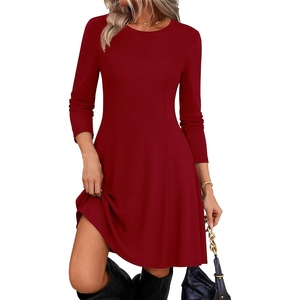 Zeagoo Sweater Dress for Women Fall 2026 Long Sleeve Crew Neck Ribbed Knit Fit and Flare A-Line Dresses(Deep Red)