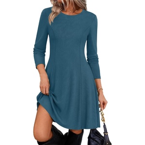 Zeagoo Sweater Dress for Women Fall 2026 Long Sleeve Crew Neck Ribbed Knit Fit and Flare A-Line Dresses(Gray-blue)