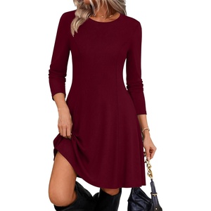 Zeagoo Sweater Dress for Women Fall 2026 Long Sleeve Crew Neck Ribbed Knit Fit and Flare A-Line Dresses(Red)