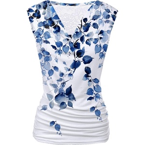 Zeagoo Tank Top for Women Trendy Going Out Tops Sleeveless Shirts Ruched Business Casual Basic Tunic Tops(Blue Leaf)