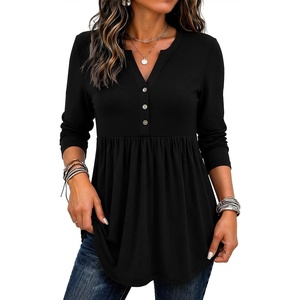 Zeagoo Women Blouses Long Sleeve Top Boho Henley Vneck Pleated Fall Tunic(Black)