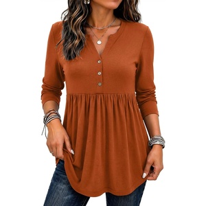 Zeagoo Women Blouses Long Sleeve Top Boho Henley Vneck Pleated Fall Tunic(Caramel)