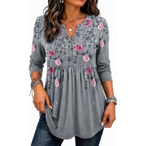 Zeagoo Women Blouses Long Sleeve Top Boho Henley Vneck Pleated Fall Tunic(Flower Grey)
