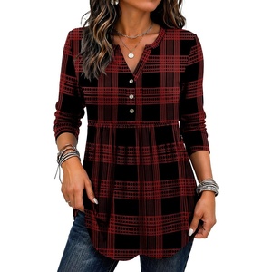 Zeagoo Women Blouses Long Sleeve Top Boho Henley Vneck Pleated Fall Tunic(Red Plaid)
