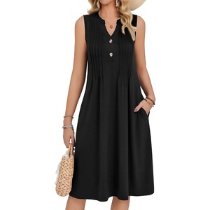 Zeagoo Women Summer Casual Dress 2026 Sleeveless Midi Tank Sundress with Pockets V Neck Buttons Pleated A Line Tshirt Dress(Black)