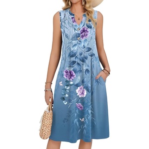 Zeagoo Women Summer Casual Dress 2026 Sleeveless Midi Tank Sundress with Pockets V Neck Buttons Pleated A Line Tshirt Dress(Blue Purple Floral)