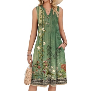 Zeagoo Women Summer Casual Dress 2026 Sleeveless Midi Tank Sundress with Pockets V Neck Buttons Pleated A Line Tshirt Dress(Green Floral)