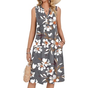 Zeagoo Women Summer Casual Dress 2026 Sleeveless Midi Tank Sundress with Pockets V Neck Buttons Pleated A Line Tshirt Dress(Grey White Floral)
