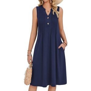 Zeagoo Women Summer Casual Dress 2026 Sleeveless Midi Tank Sundress with Pockets V Neck Buttons Pleated A Line Tshirt Dress(Navy Blue)
