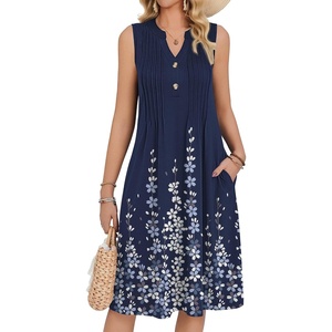 Zeagoo Women Summer Casual Dress 2026 Sleeveless Midi Tank Sundress with Pockets V Neck Buttons Pleated A Line Tshirt Dress(Navy Blue Floral)
