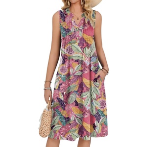 Zeagoo Women Summer Casual Dress 2026 Sleeveless Midi Tank Sundress with Pockets V Neck Buttons Pleated A Line Tshirt Dress(Pink Green Leaf)