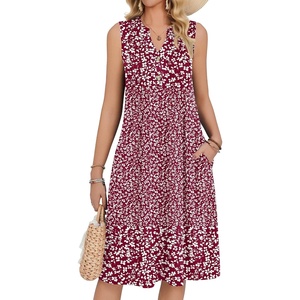 Zeagoo Women Summer Casual Dress 2026 Sleeveless Midi Tank Sundress with Pockets V Neck Buttons Pleated A Line Tshirt Dress(Red White Floral)
