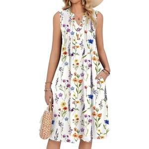 Zeagoo Women Summer Casual Dress 2026 Sleeveless Midi Tank Sundress with Pockets V Neck Buttons Pleated A Line Tshirt Dress(Yellow Orange Floral)
