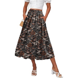 Zeagoo Women’s Midi Skirts High Waisted Pleated A-Line Swing Skirts Summer Long Skirts with Pockets(04-black Floral)