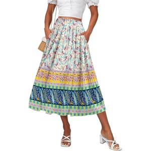 Zeagoo Women’s Midi Skirts High Waisted Pleated A-Line Swing Skirts Summer Long Skirts with Pockets(Apricot-boho)
