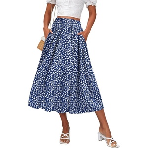 Zeagoo Women’s Midi Skirts High Waisted Pleated A-Line Swing Skirts Summer Long Skirts with Pockets(Blue Floral)