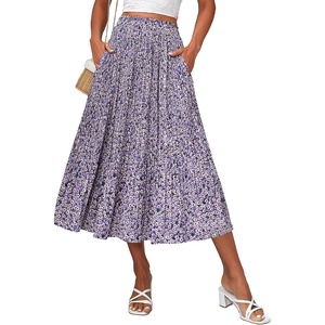 Zeagoo Women’s Midi Skirts High Waisted Pleated A-Line Swing Skirts Summer Long Skirts with Pockets(Floral-purple)