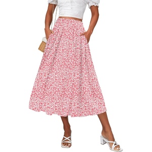 Zeagoo Women’s Midi Skirts High Waisted Pleated A-Line Swing Skirts Summer Long Skirts with Pockets(Pink 2)
