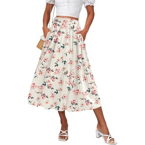Zeagoo Women’s Midi Skirts High Waisted Pleated A-Line Swing Skirts Summer Long Skirts with Pockets(Pink Floral Apricot Print)