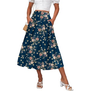 Zeagoo Women’s Midi Skirts High Waisted Pleated A-Line Swing Skirts Summer Long Skirts with Pockets(Pink Floral Navy Print)