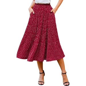 Zeagoo Women’s Midi Skirts High Waisted Pleated A-Line Swing Skirts Summer Long Skirts with Pockets(Red Round Dot)