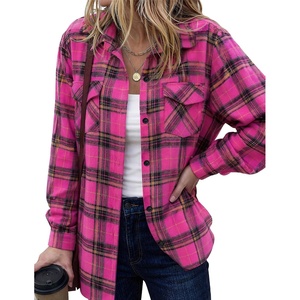 Zeagoo Womens Plaid Flannel Shirt Long Sleeve Top Casual Button Down Blouse(Hot Pink)