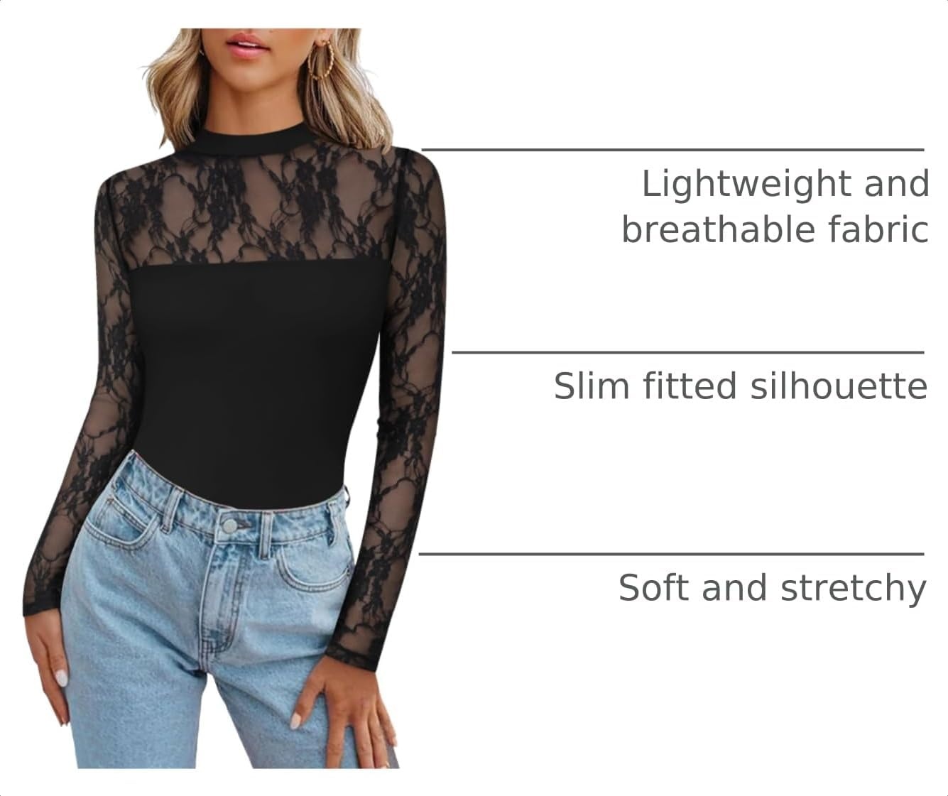 image:imageZeagoo Long Sleeve Shirts for Womens Lace Tops Mesh Sheer Sexy Fall BlouseBlack