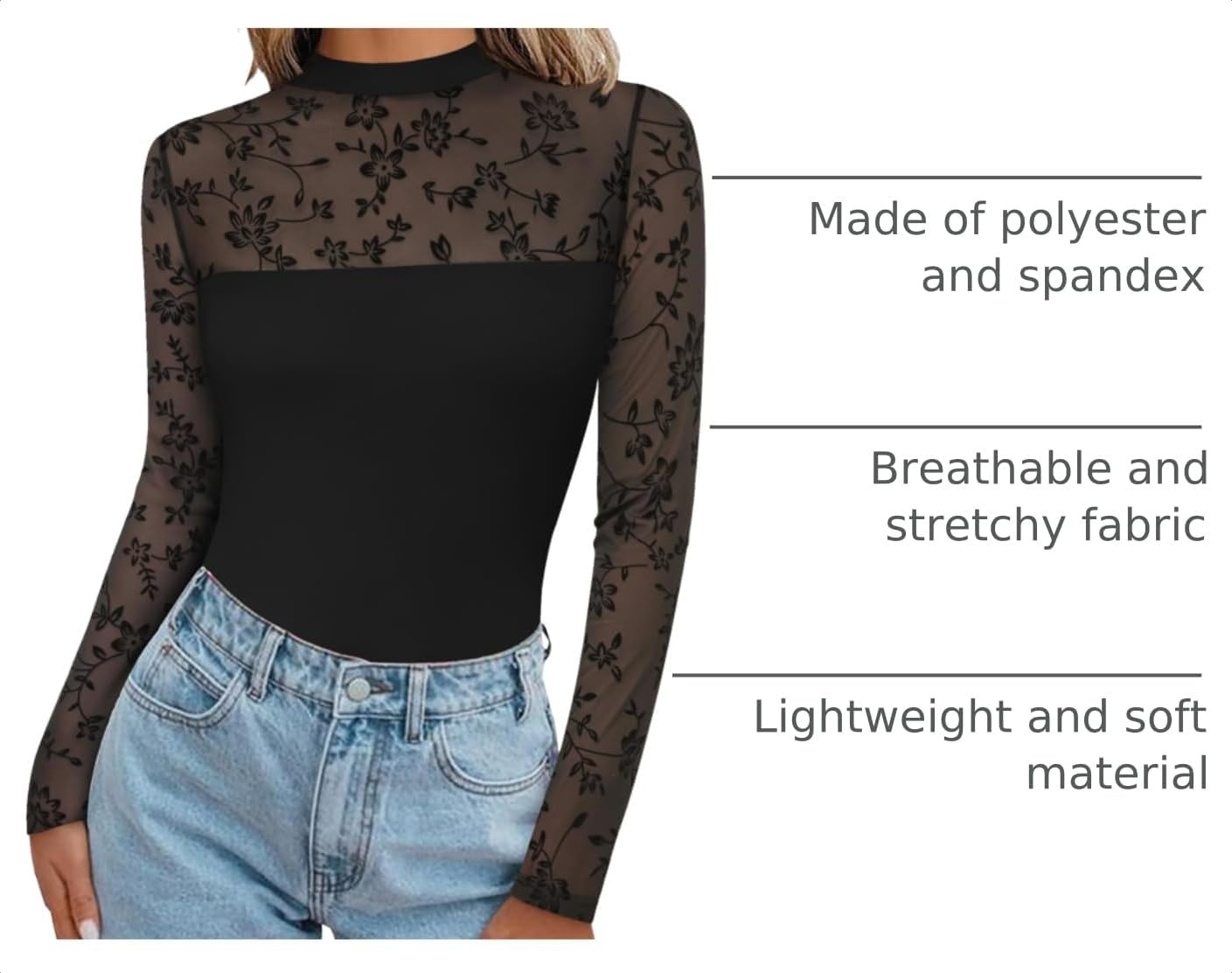 image:imageZeagoo Long Sleeve Shirts for Womens Lace Tops Mesh Sheer Sexy Fall BlouseBlack Flowerspat4