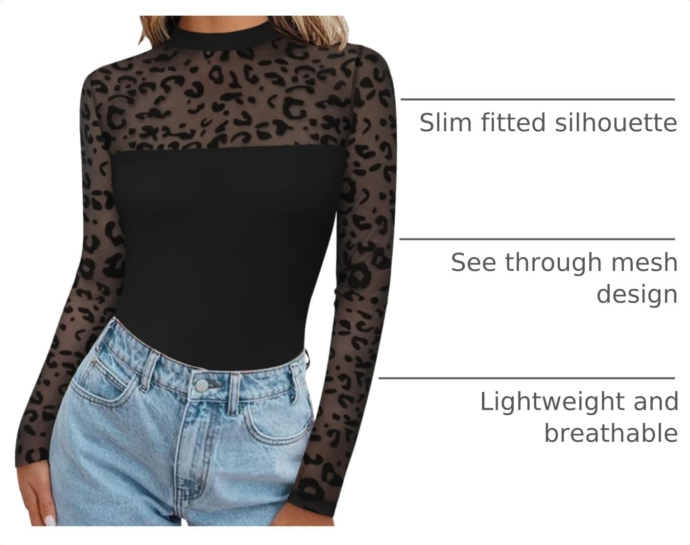 image:imageZeagoo Long Sleeve Shirts for Womens Lace Tops Mesh Sheer Sexy Fall BlouseBlack Leopardpat3