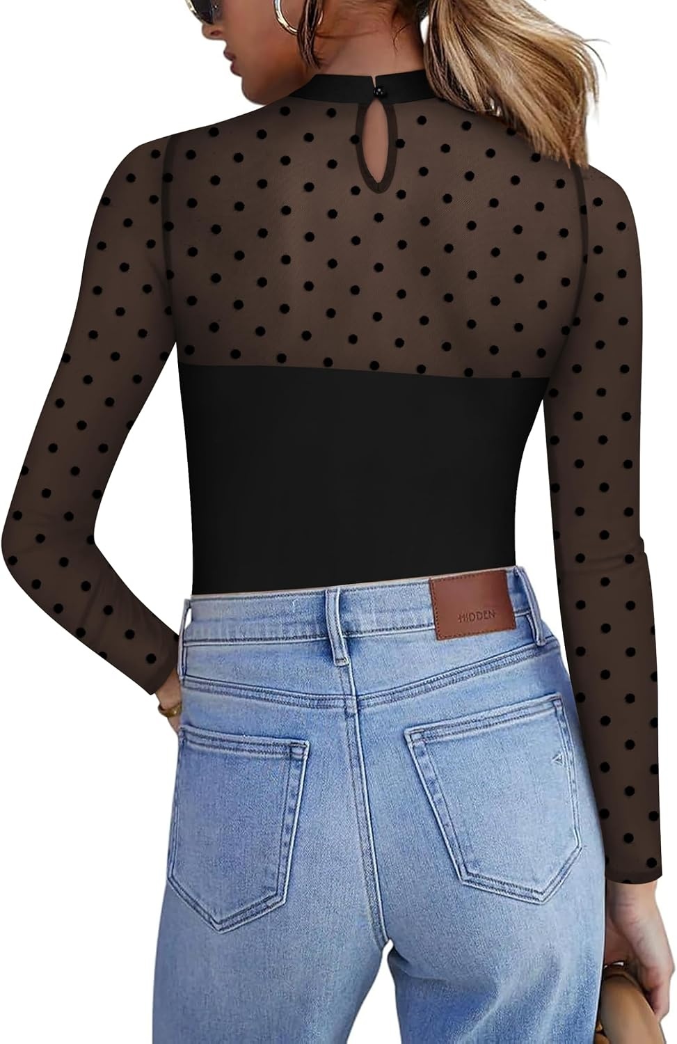 image:imageZeagoo Long Sleeve Shirts for Womens Lace Tops Mesh Sheer Sexy Fall BlouseBlack Polka Dotsa2
