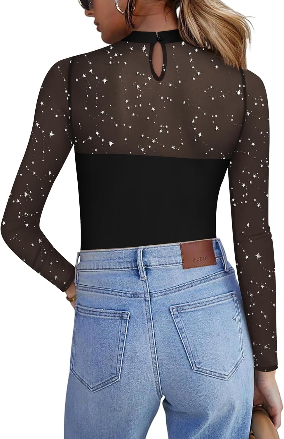 image:imageZeagoo Long Sleeve Shirts for Womens Lace Tops Mesh Sheer Sexy Fall BlouseBlack Starsa4