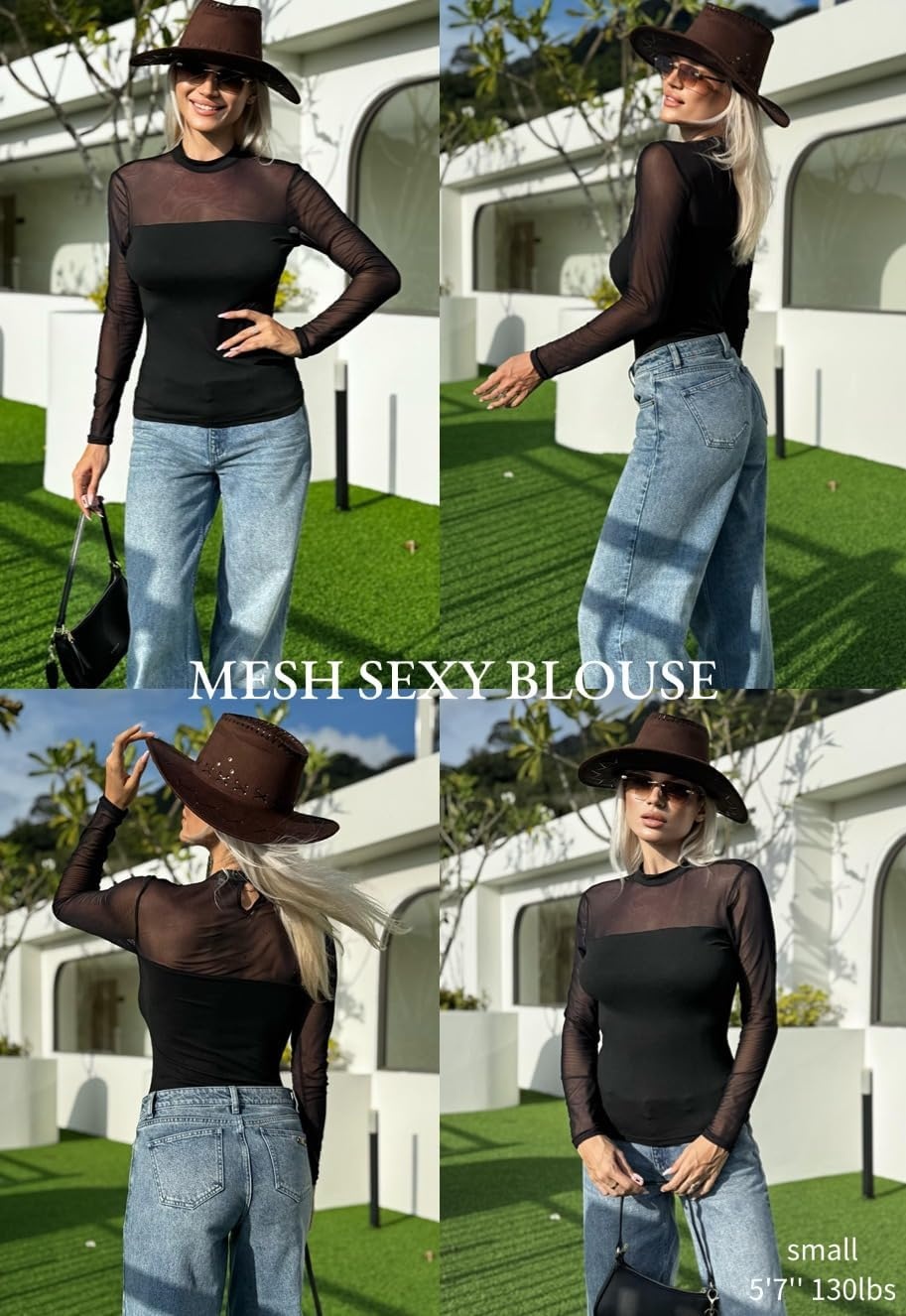 image:imageZeagoo Long Sleeve Shirts for Womens Lace Tops Mesh Sheer Sexy Fall BlouseBlackpat1