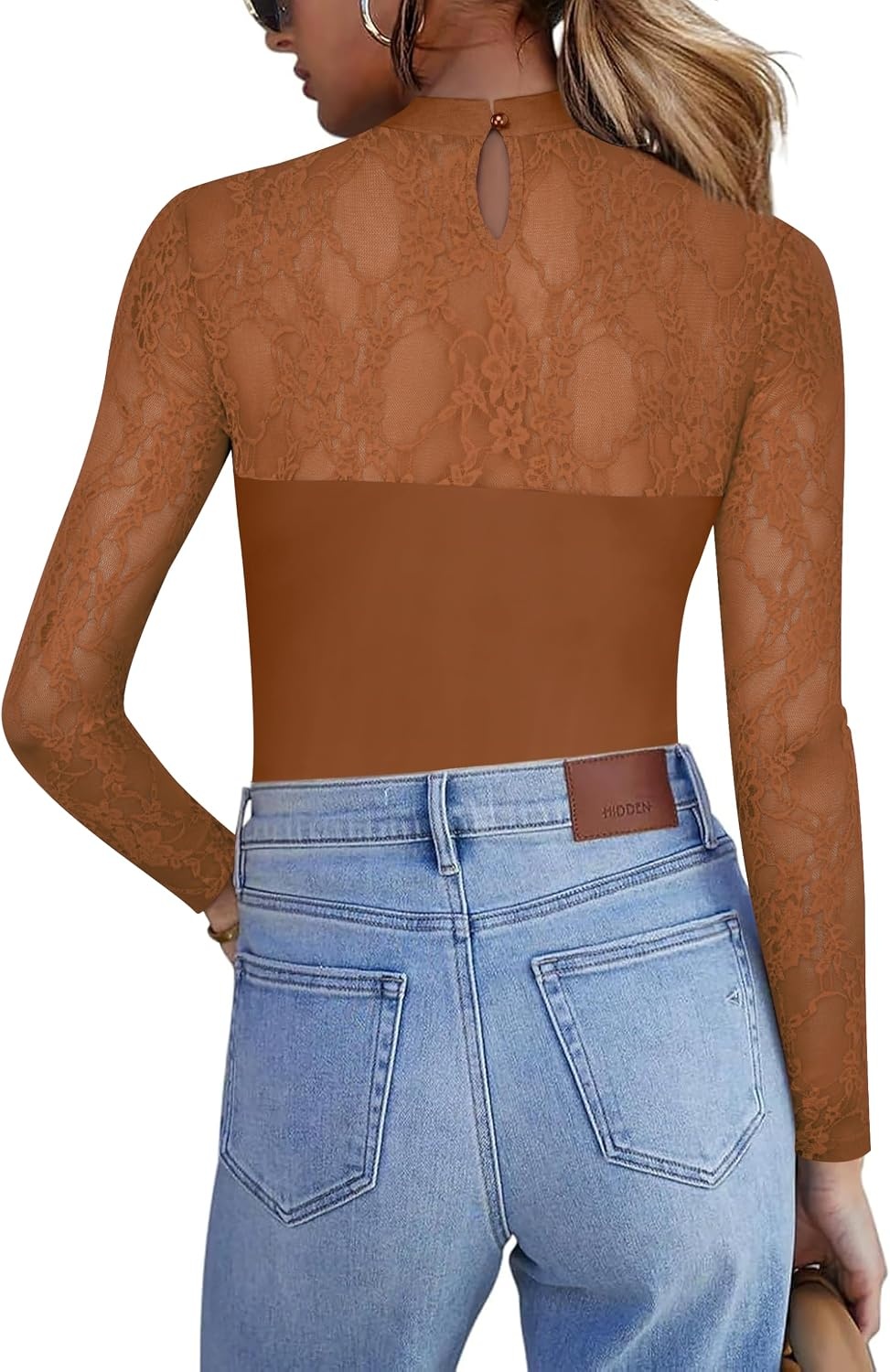 image:imageZeagoo Long Sleeve Shirts for Womens Lace Tops Mesh Sheer Sexy Fall BlouseBrown