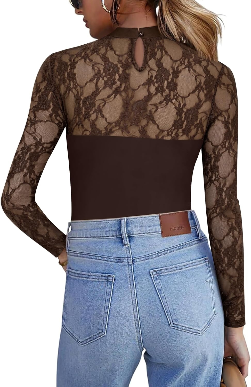 image:imageZeagoo Long Sleeve Shirts for Womens Lace Tops Mesh Sheer Sexy Fall BlouseBrownbr